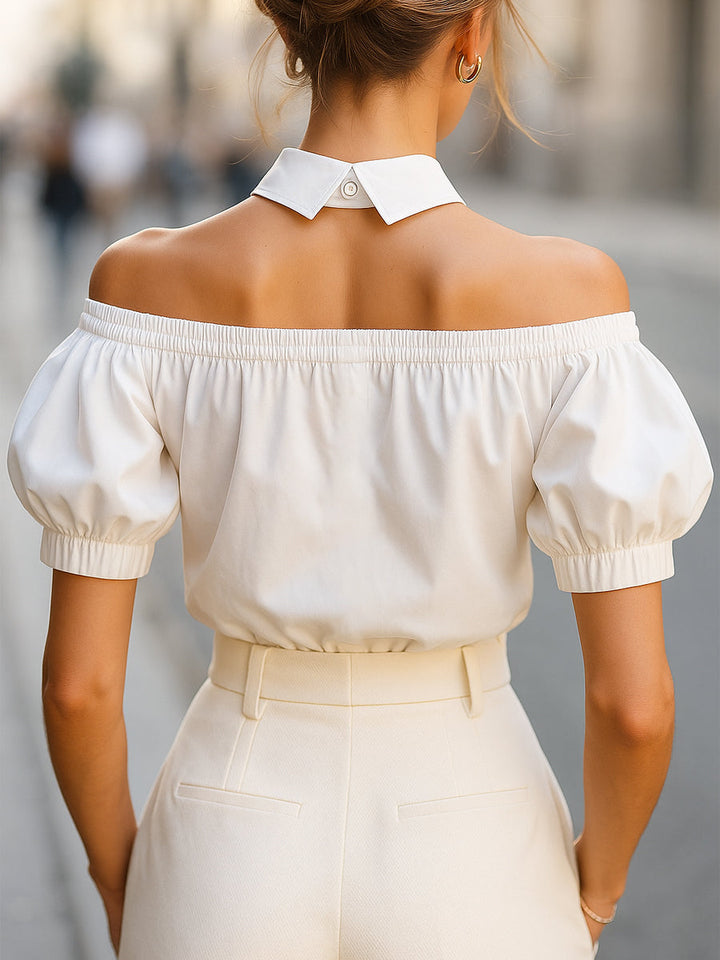Philippine off-shoulder pogu blūze ar izteiksmīgu apkakli