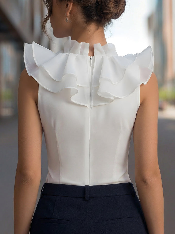 Malorie piedurknēm šifona ruffles V-veida kakla tops