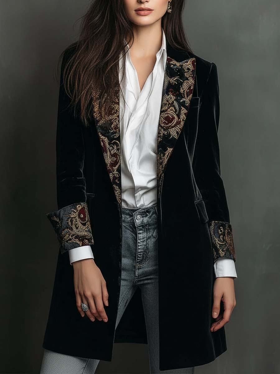 Isadora Melns Samta Blazers ar Baroka Drukātu Atloku - Mūžīga Vintage Luksusa