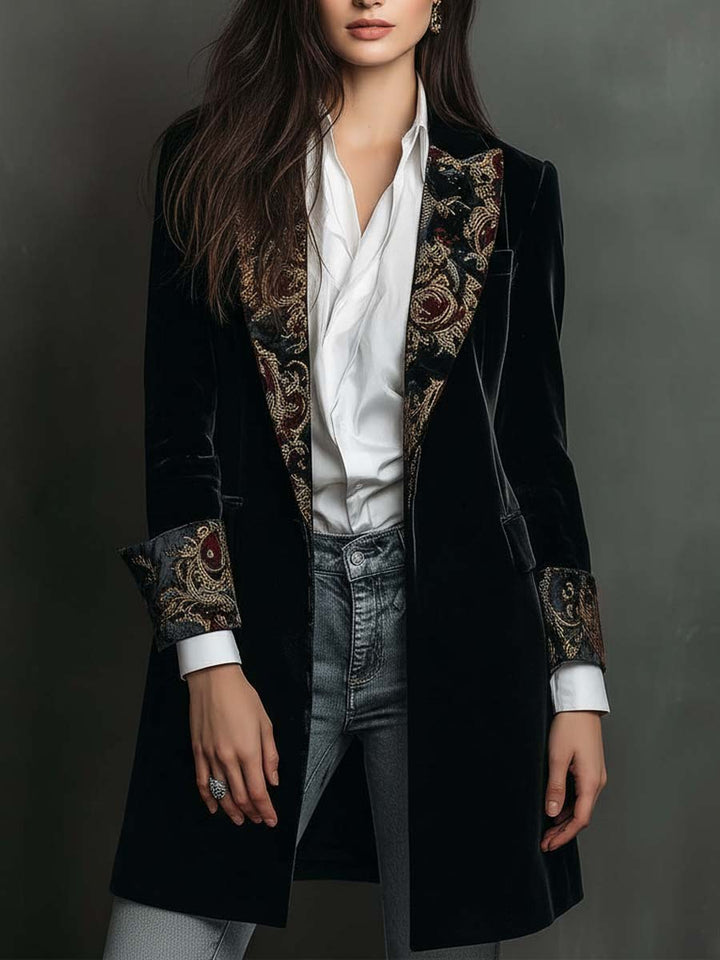 Isadora Melns Samta Blazers ar Baroka Drukātu Atloku - Mūžīga Vintage Luksusa