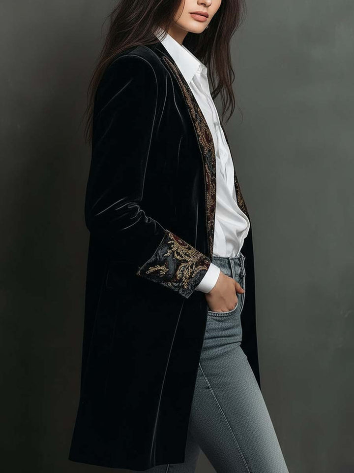 Isadora Melns Samta Blazers ar Baroka Drukātu Atloku - Mūžīga Vintage Luksusa