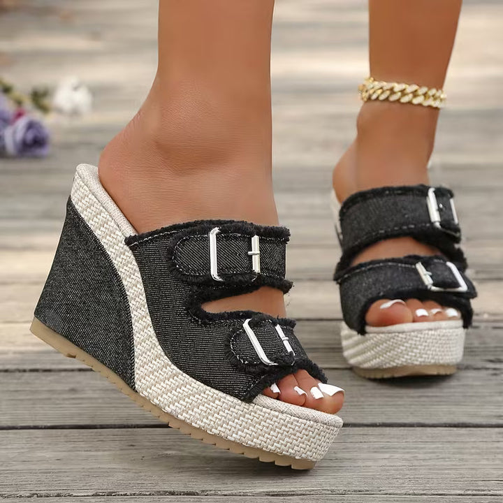 Gaelle | Fray Edge Wedge Sandals