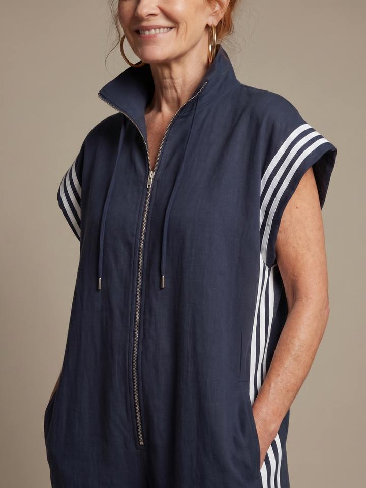 Raquel | Zip Priekšpuses Svītru Paneļa Jumpsuit