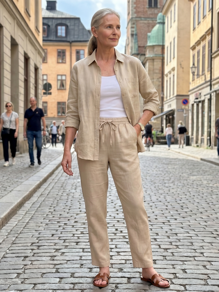Aurelie | Garās Piedurknes Krekls un Šaurās Bikses Komplekts