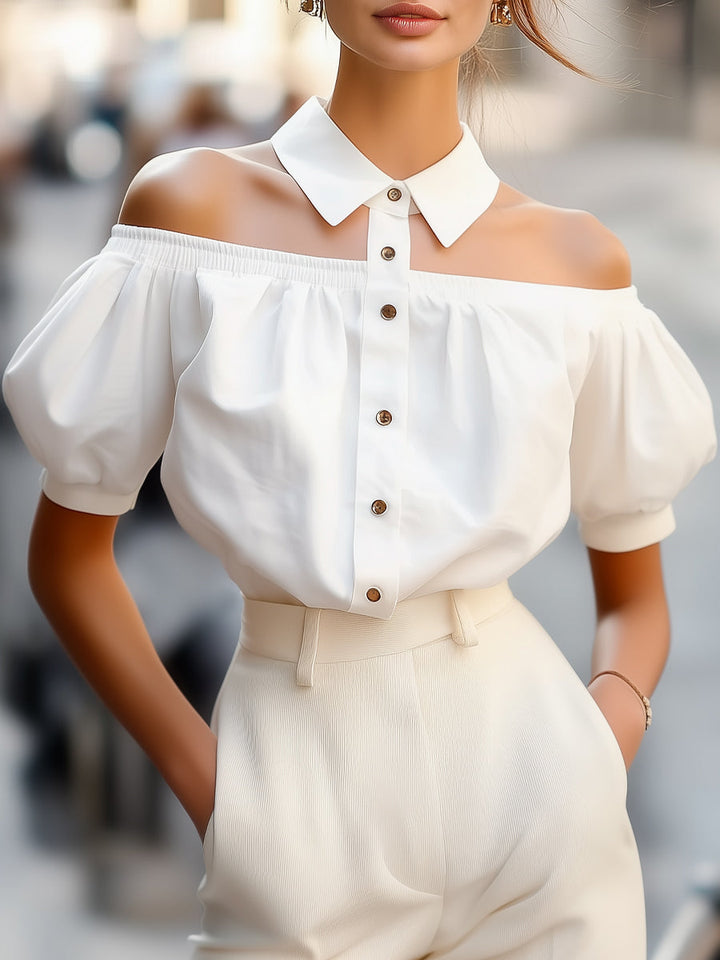 Philippine off-shoulder pogu blūze ar izteiksmīgu apkakli