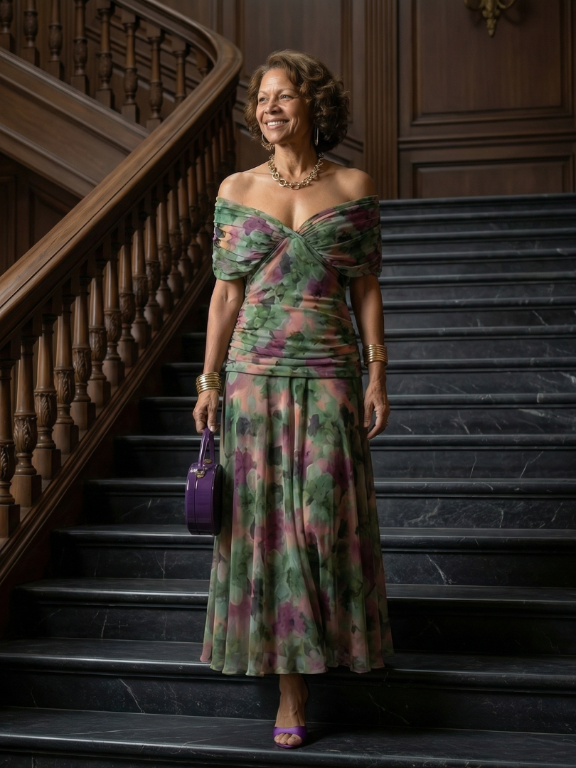 Fiorella | Off Shoulder Flow Midi Kleita