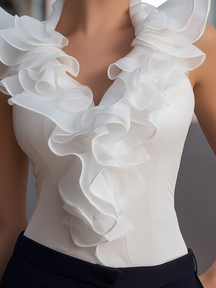Malorie piedurknēm šifona ruffles V-veida kakla tops