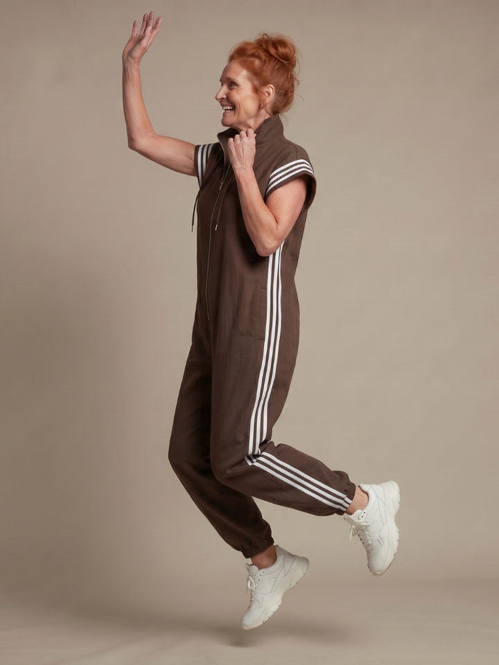 Raquel | Zip Priekšpuses Svītru Paneļa Jumpsuit