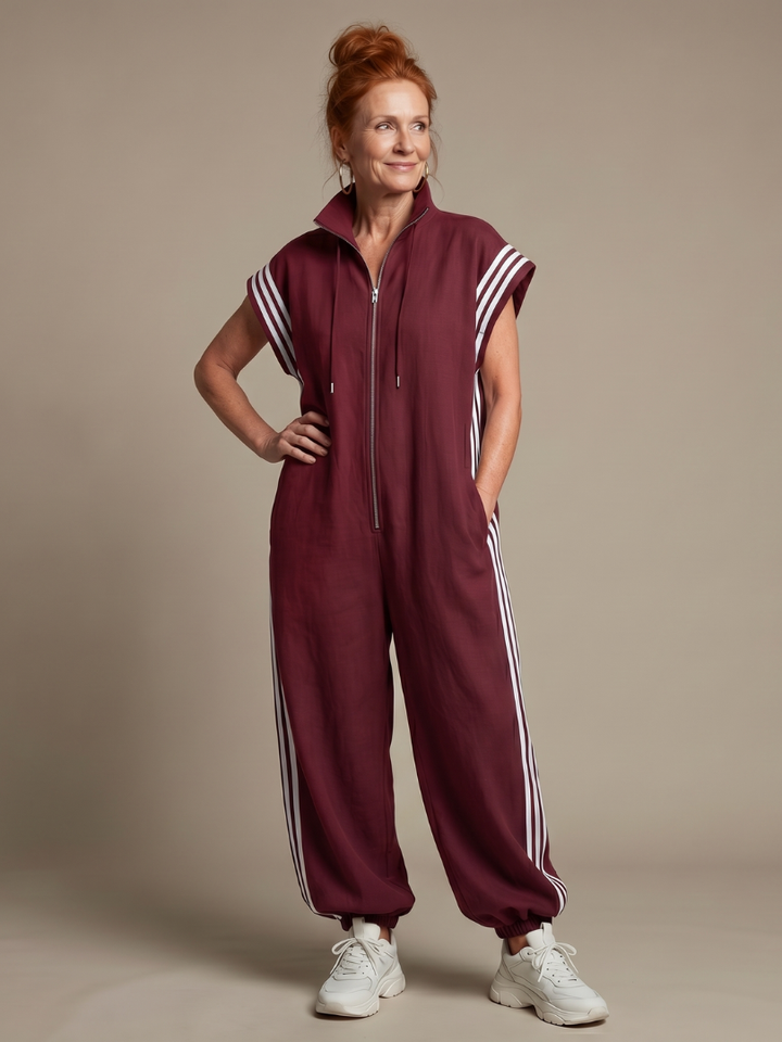 Raquel | Zip Priekšpuses Svītru Paneļa Jumpsuit