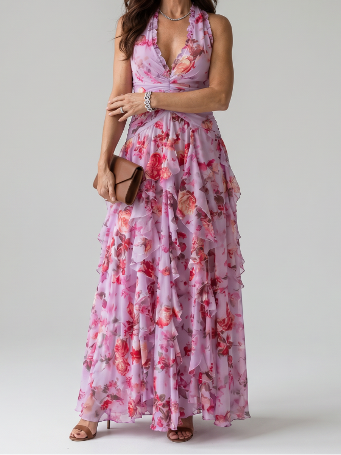 Karolina | Halter kakla ruched bodice ziedu maxi kleita