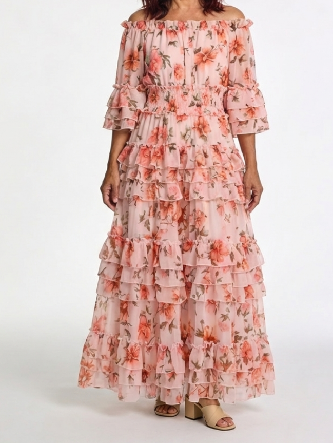 Simonette | Off Shoulder Ziedu Rūpniecības Slāņu Maxi Kleita