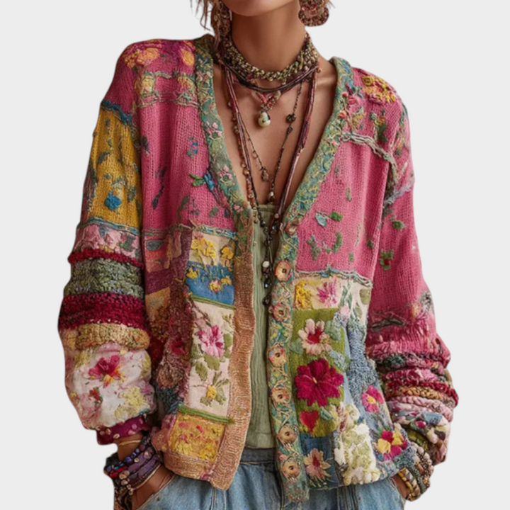 Zane & Inese Zaklina boho style knit cardigan with vibrant floral patchwork patterns and soft textured fabric