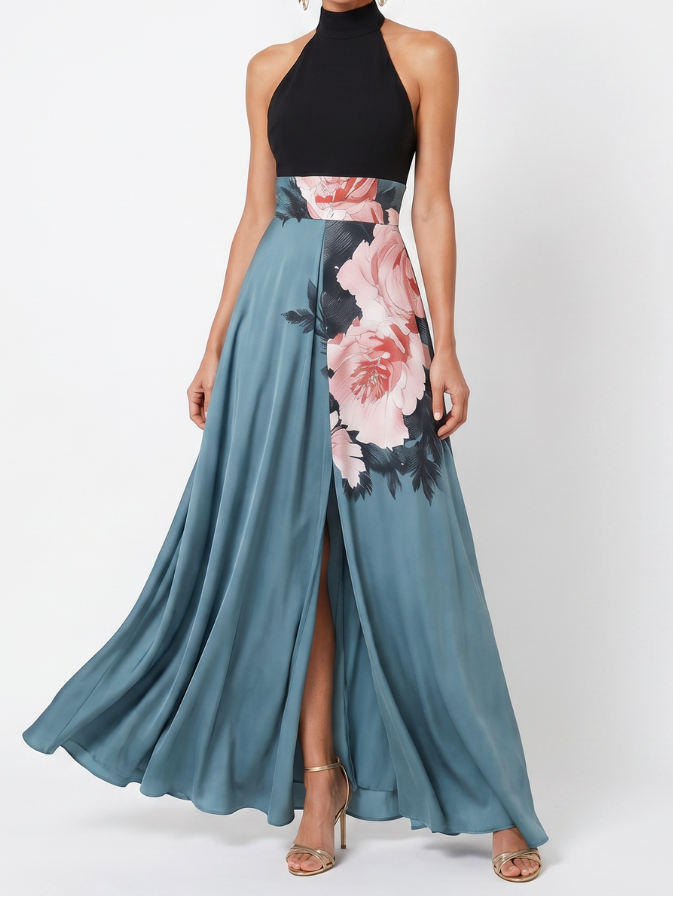 Angelique | Halter bodice ziedu svārku maksi kleita