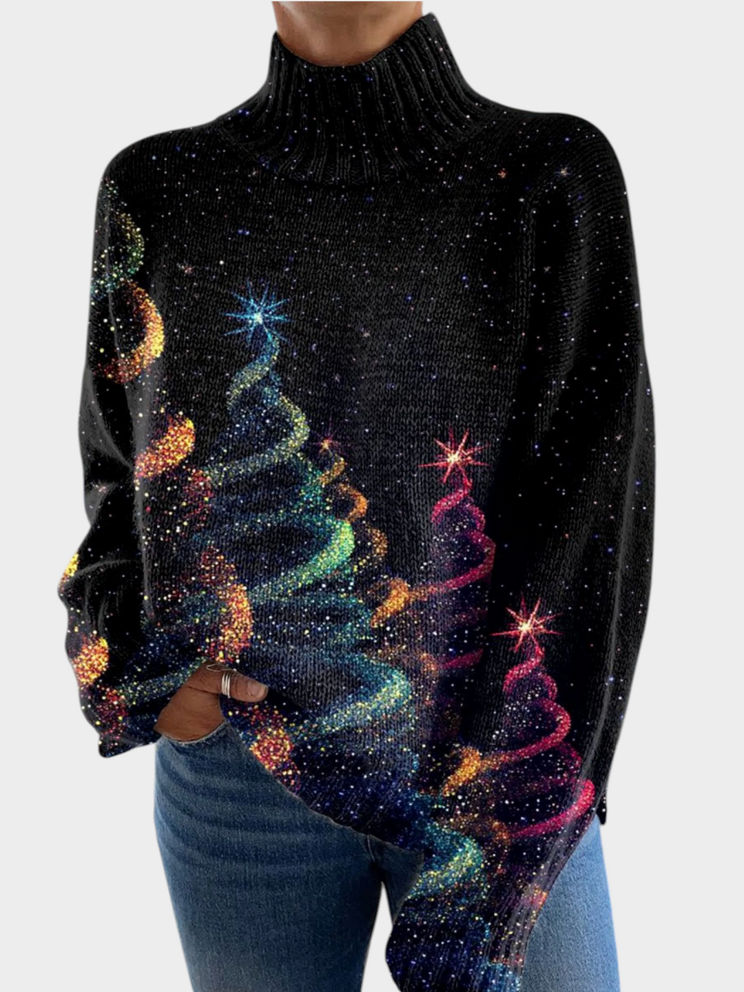 Zane & Inese black turtleneck sweater featuring a sparkling, colorful Christmas tree design in a festive setting.
