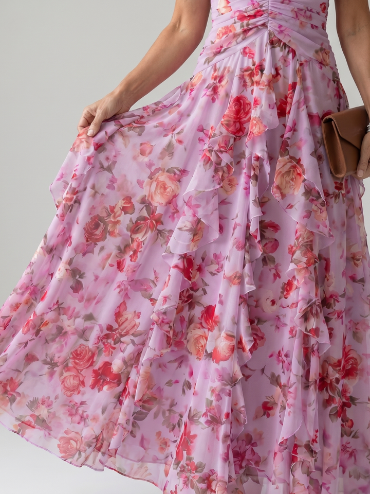 Karolina | Halter kakla ruched bodice ziedu maxi kleita