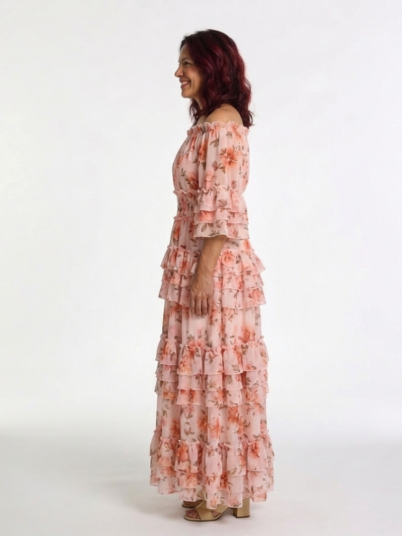 Simonette | Off Shoulder Ziedu Rūpniecības Slāņu Maxi Kleita