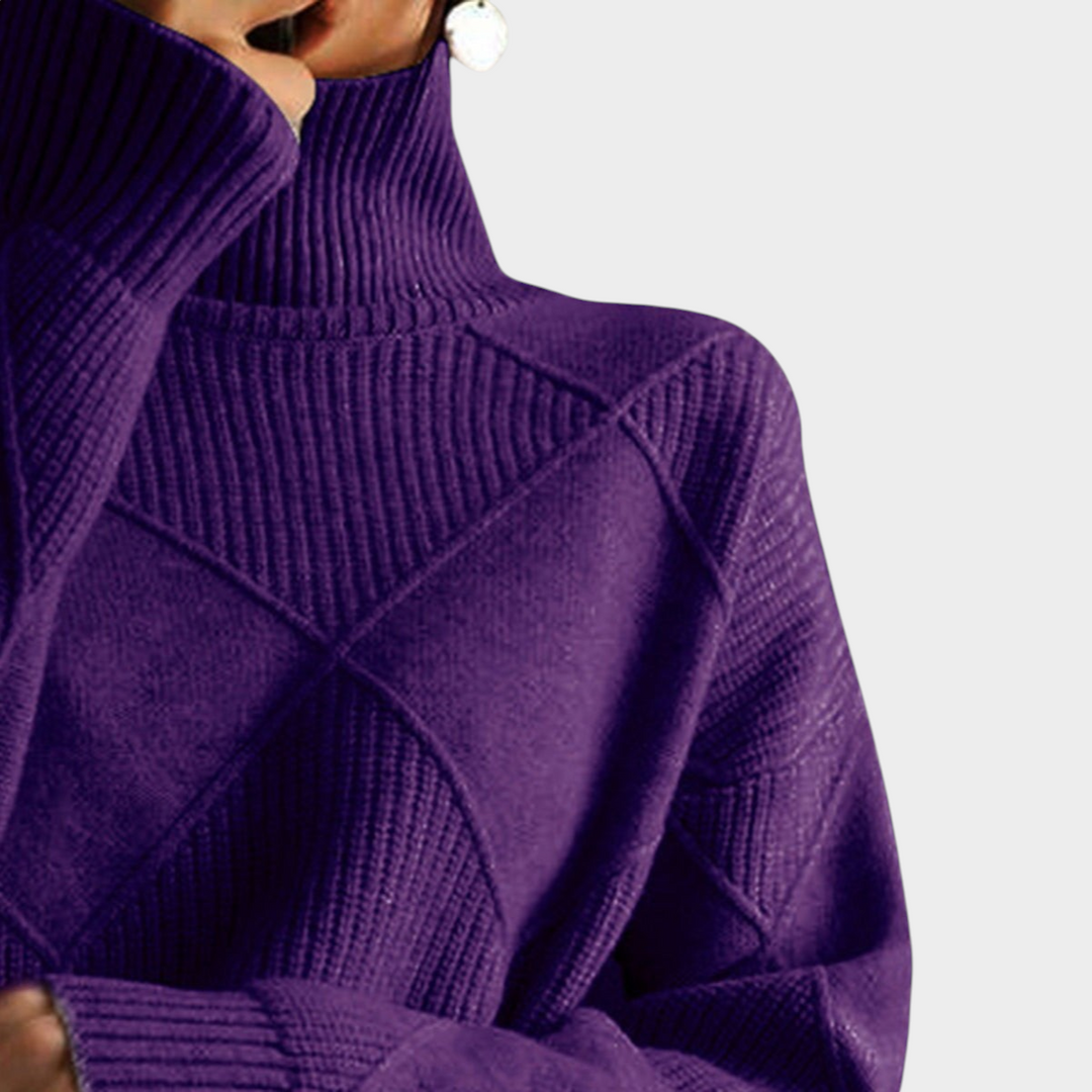 Zane & Inese Gaida purple turtleneck sweater featuring a soft knit texture and a modern geometric pattern.