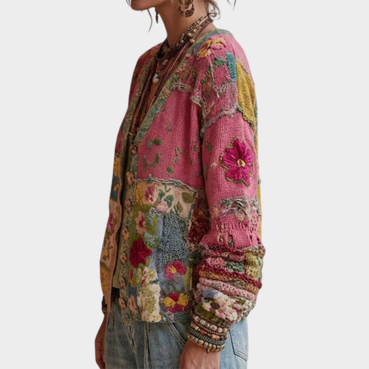 Zane & Inese boho style pink patchwork knit cardigan with floral embroidery and textured details on a model