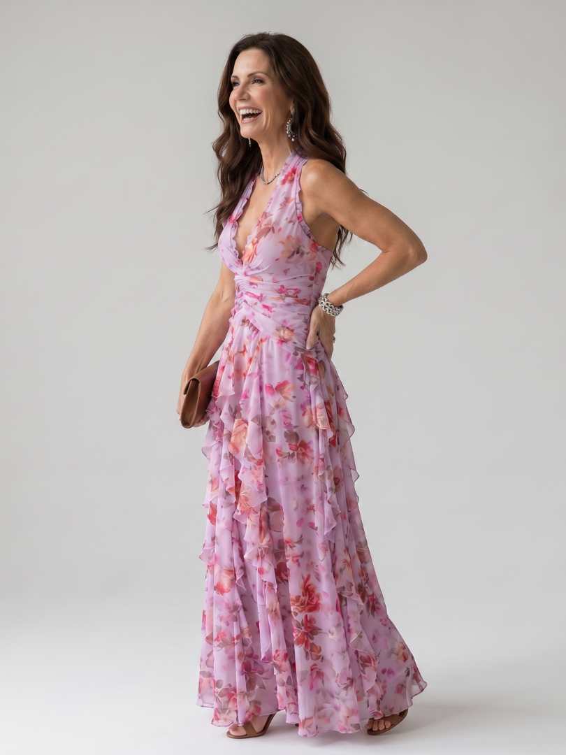 Karolina | Halter kakla ruched bodice ziedu maxi kleita