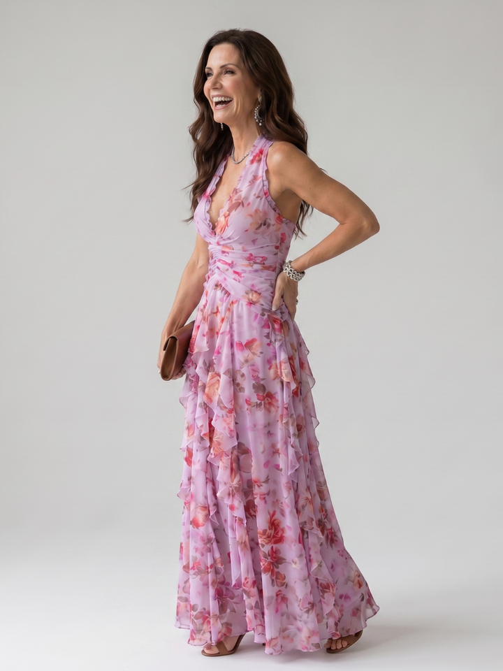 Karolina | Halter kakla ruched bodice ziedu maxi kleita