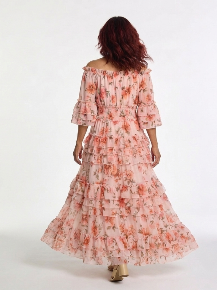Simonette | Off Shoulder Ziedu Rūpniecības Slāņu Maxi Kleita