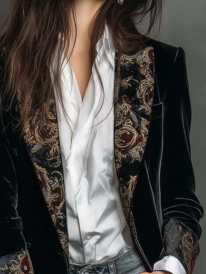 Isadora Melns Samta Blazers ar Baroka Drukātu Atloku - Mūžīga Vintage Luksusa
