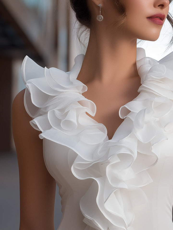 Malorie piedurknēm šifona ruffles V-veida kakla tops