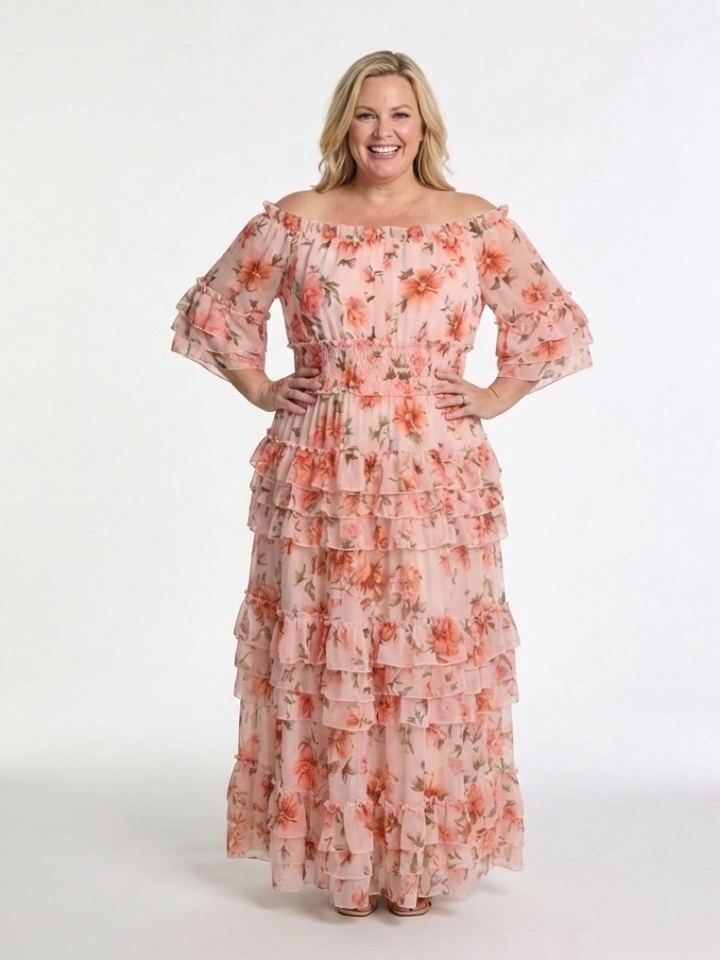 Simonette | Off Shoulder Ziedu Rūpniecības Slāņu Maxi Kleita