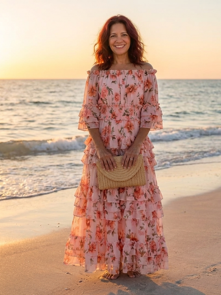 Simonette | Off Shoulder Ziedu Rūpniecības Slāņu Maxi Kleita