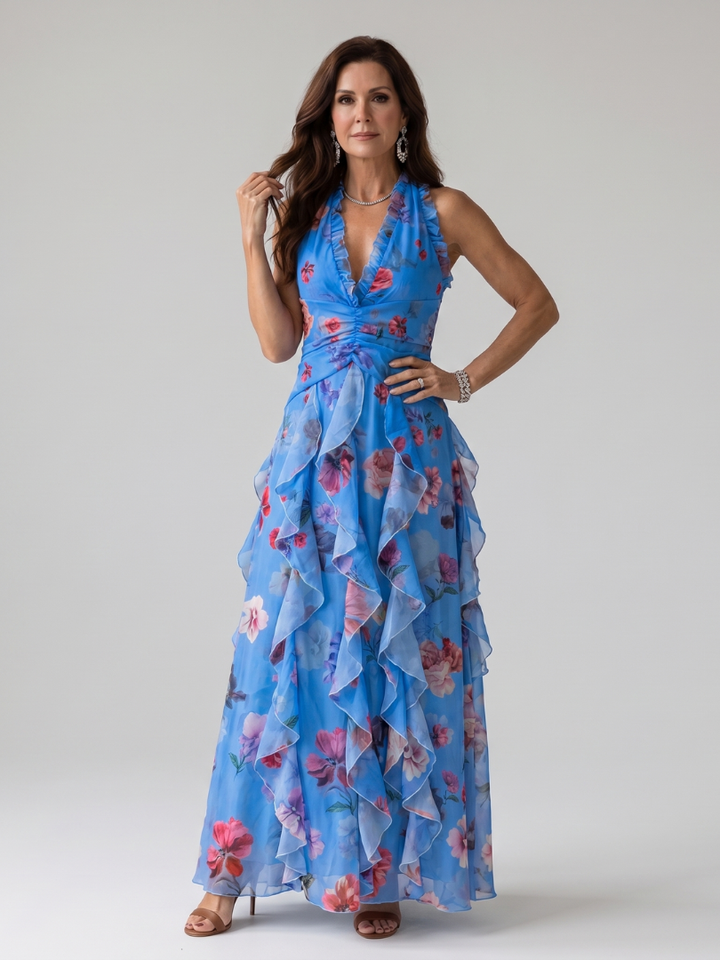 Karolina | Halter kakla ruched bodice ziedu maxi kleita