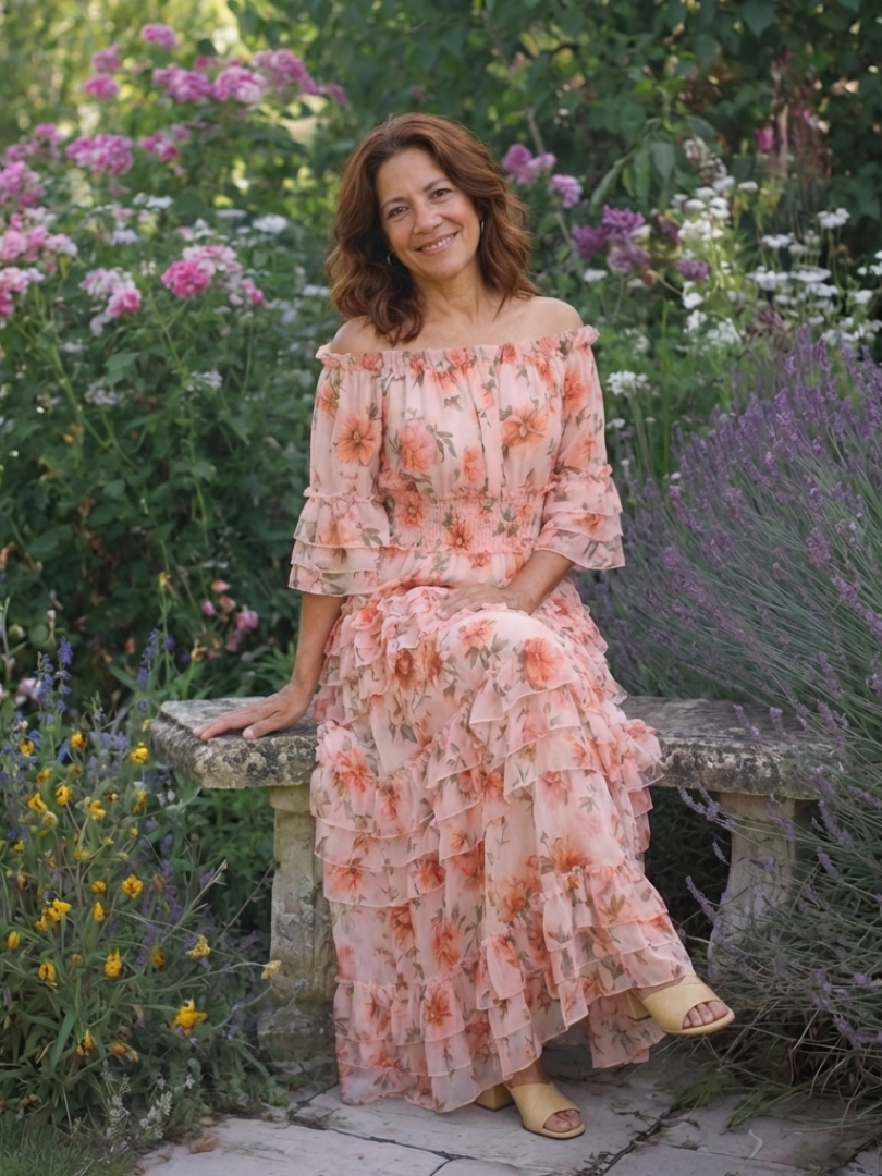 Simonette | Off Shoulder Ziedu Rūpniecības Slāņu Maxi Kleita