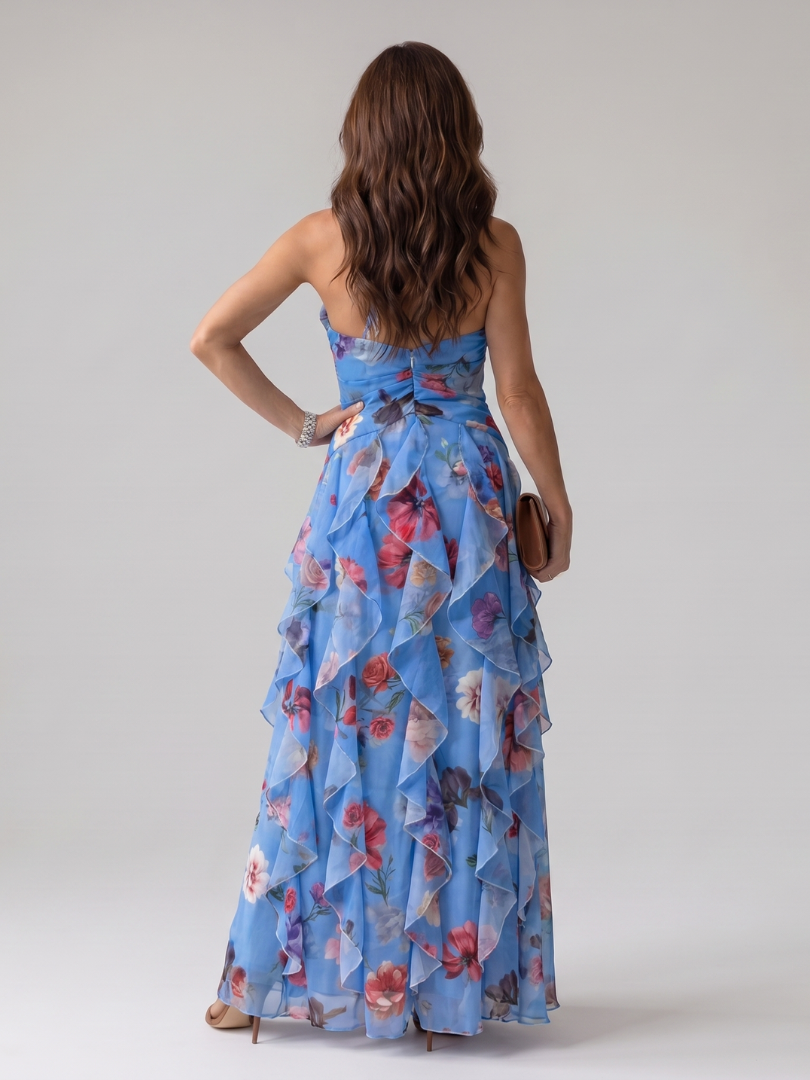 Karolina | Halter kakla ruched bodice ziedu maxi kleita