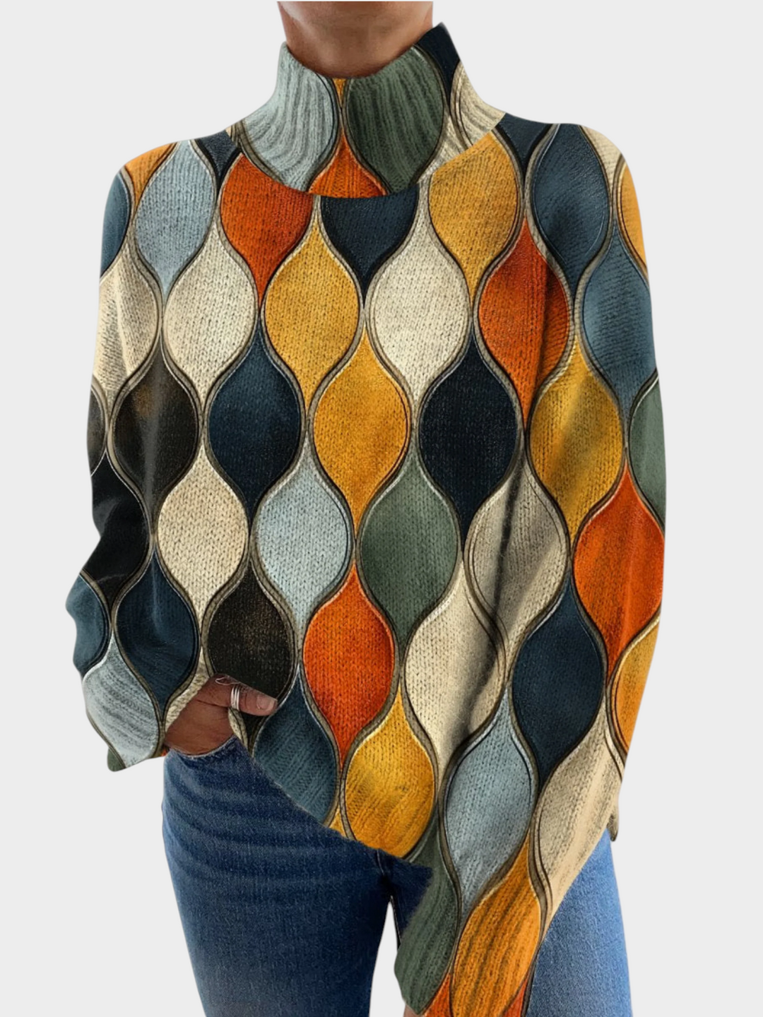Zane & Inese Arta sweater featuring a high neck and a colorful abstract geometric pattern in a soft knit fabric.