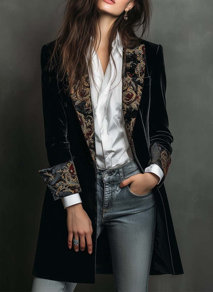 Isadora Melns Samta Blazers ar Baroka Drukātu Atloku - Mūžīga Vintage Luksusa
