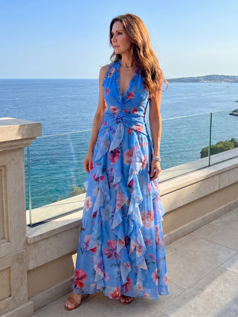 Karolina | Halter kakla ruched bodice ziedu maxi kleita