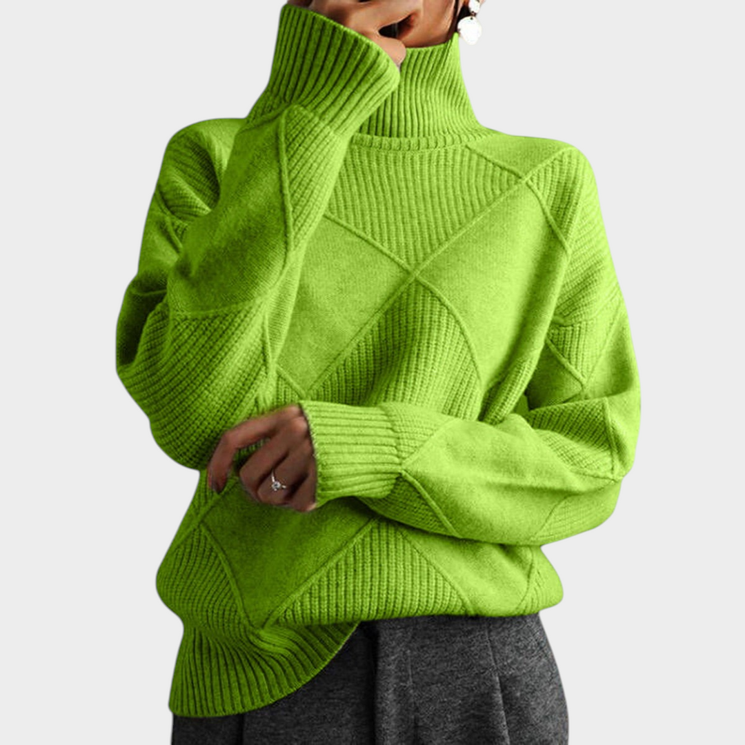 Zane & Inese Gaida lime green turtleneck sweater featuring a textured geometric knit pattern and ribbed cuffs.