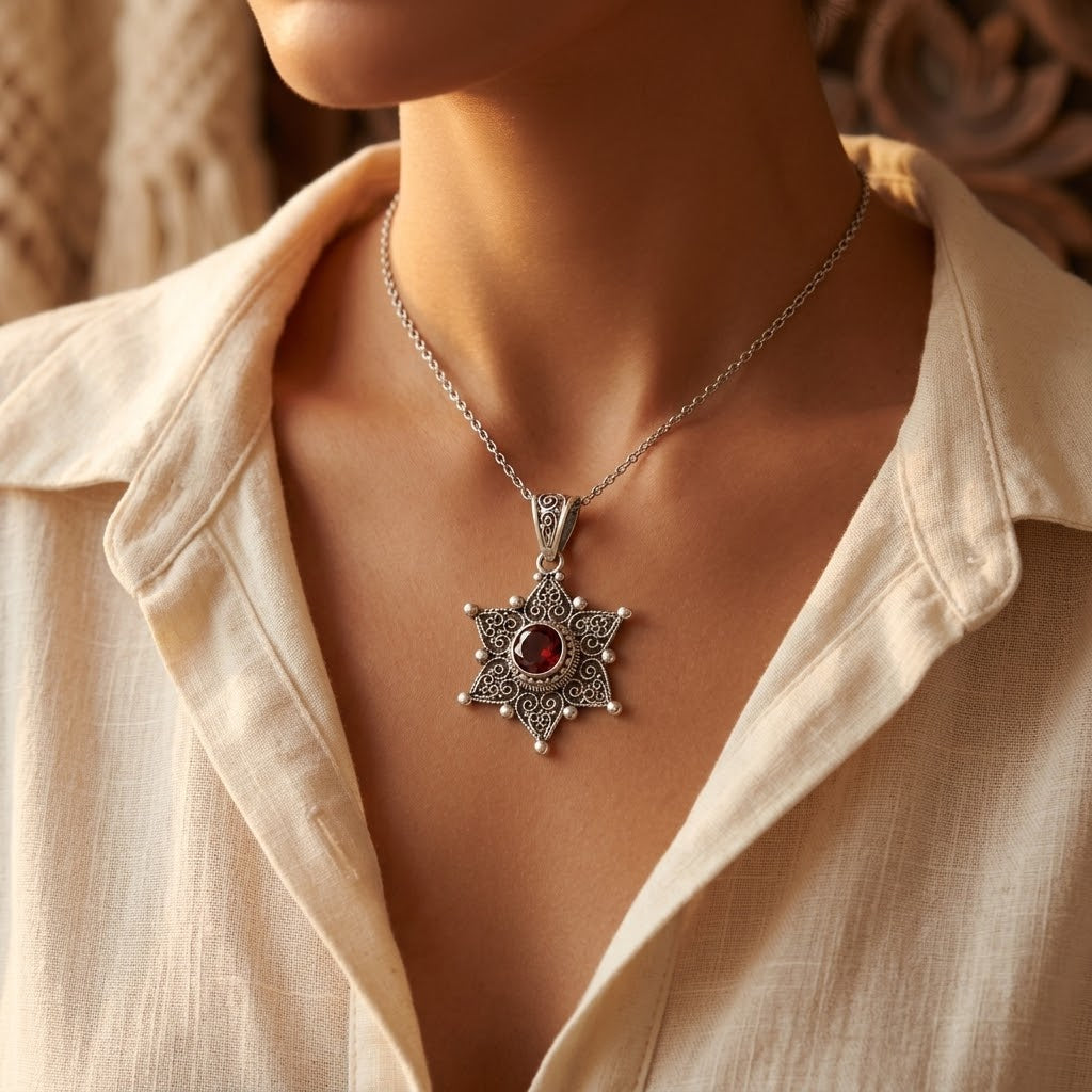 Rubīna Zvaigznes Kulons Sudrabā
