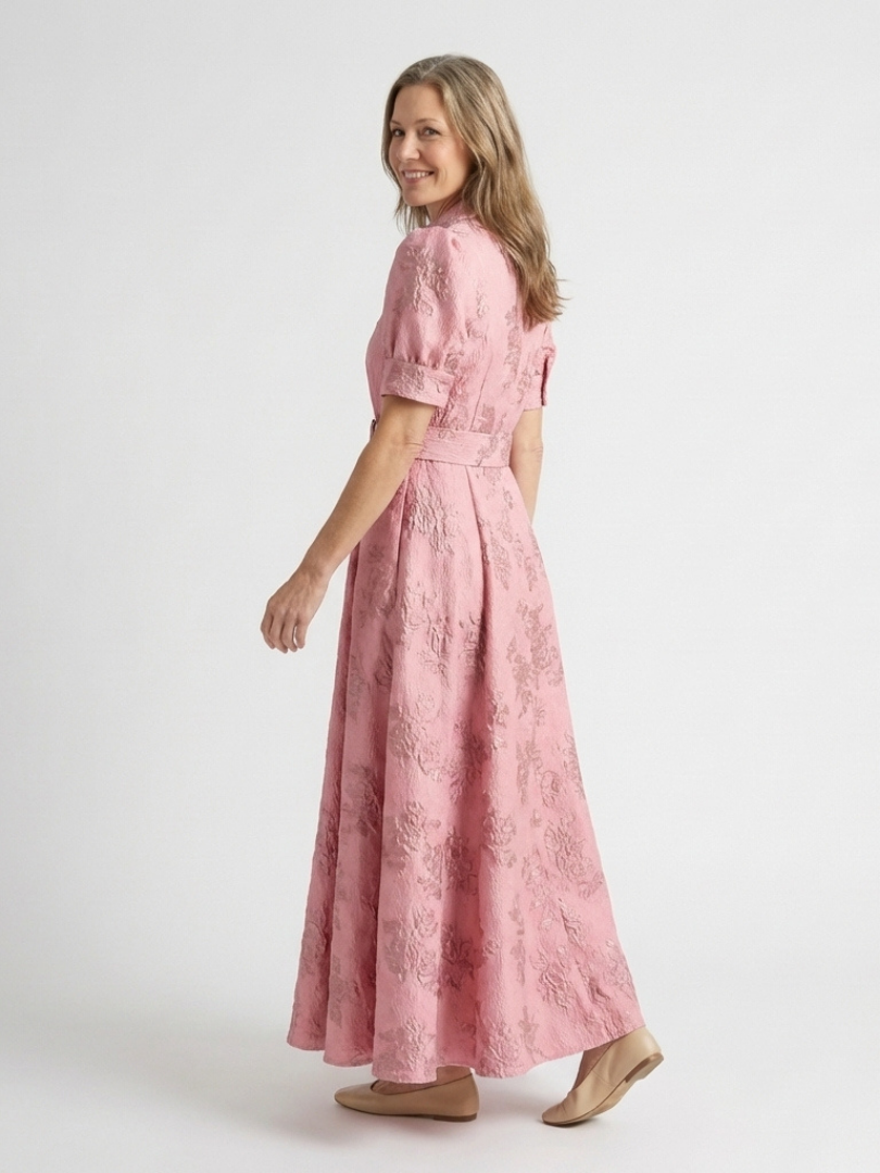 Maelys | Īsām Piedurknēm Jostas Ziedu Tekstūras Maxi Krekla Kleita