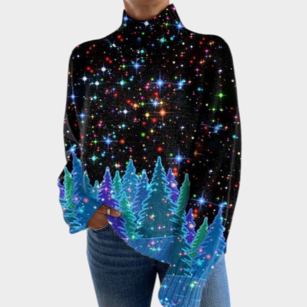 Zane & Inese Nadina black high neck sweater featuring a festive starry night sky and blue pine forest print