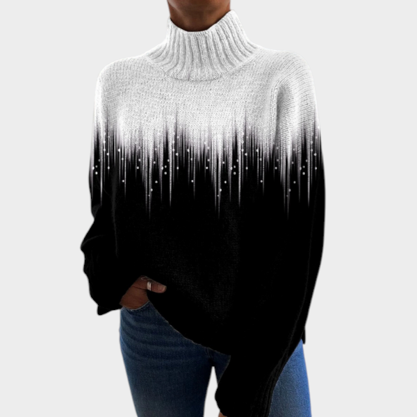 Zane & Inese Lieneja sweater featuring a high neck, loose fit, and a black and white gradient knit pattern.