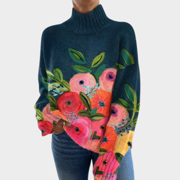 Zane & Inese Darina dark blue turtleneck sweater with vibrant floral embroidery and a relaxed fit.