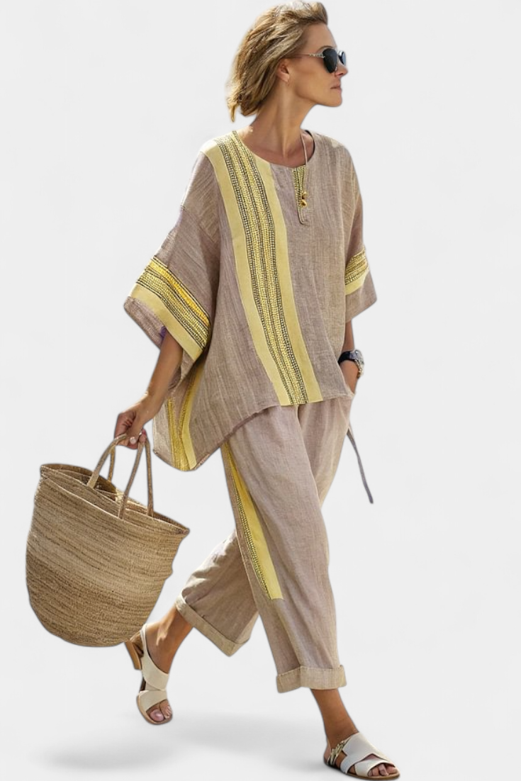 Marielle | Elegants Lavandas Top un Mustard Svītrainās Bikses
