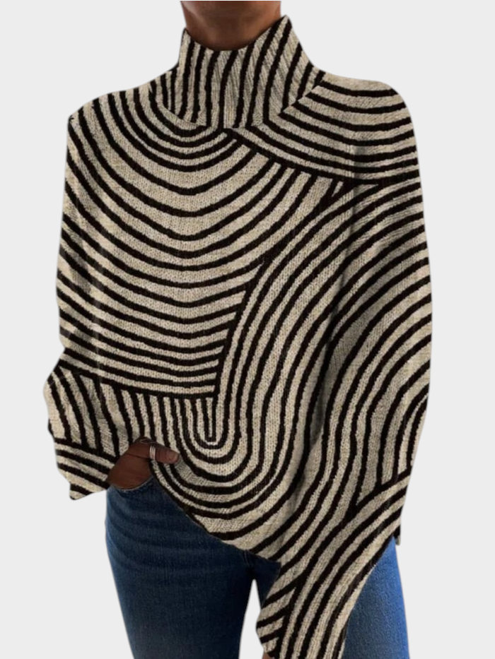 Zane & Inese Jete high-neck sweater in a soft knit with a black and beige hand-drawn abstract line pattern.