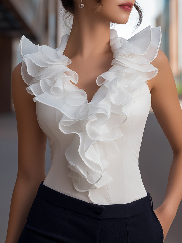 Malorie piedurknēm šifona ruffles V-veida kakla tops