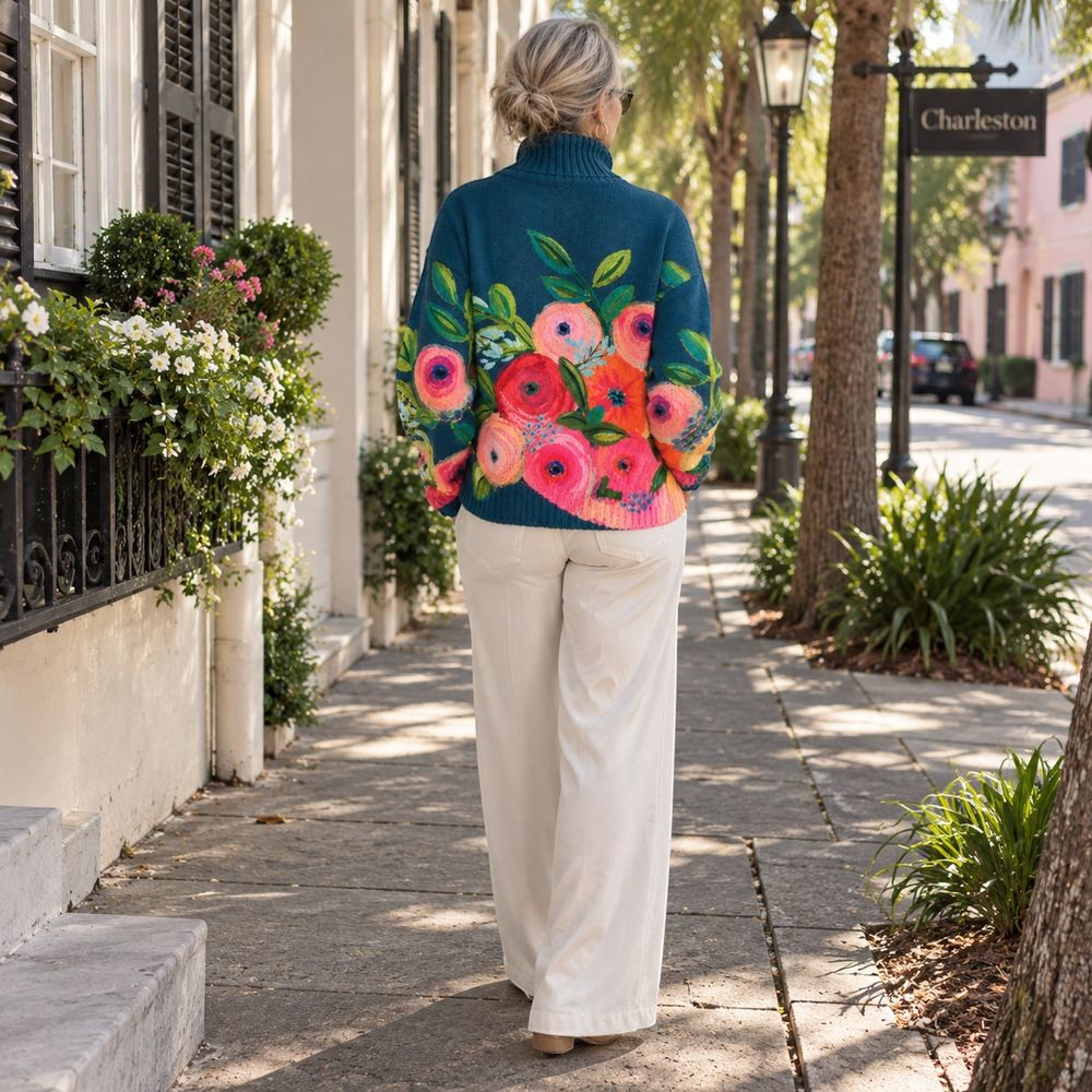 Zane & Inese Darina dark teal turtleneck sweater with vibrant floral embroidery worn with wide-leg cream trousers