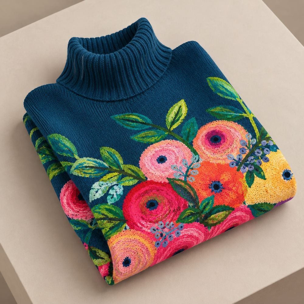 Zane & Inese Darina dark blue turtleneck sweater featuring vibrant embroidered floral patterns on soft knit fabric.