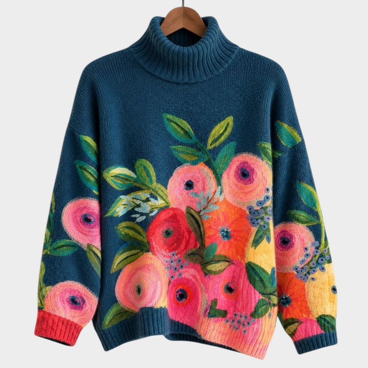 Zane & Inese Darina blue turtleneck sweater featuring vibrant floral embroidery and ribbed cuffs on a wooden hanger.