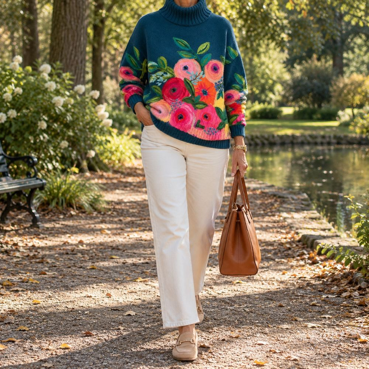 Zane & Inese Darina dark teal turtleneck sweater with vibrant floral embroidery, worn with white trousers and bag.
