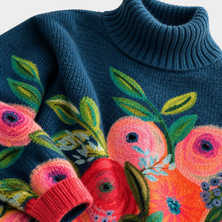 Zane & Inese Darina blue knit sweater with high neck and vibrant pink and orange floral embroidery details.