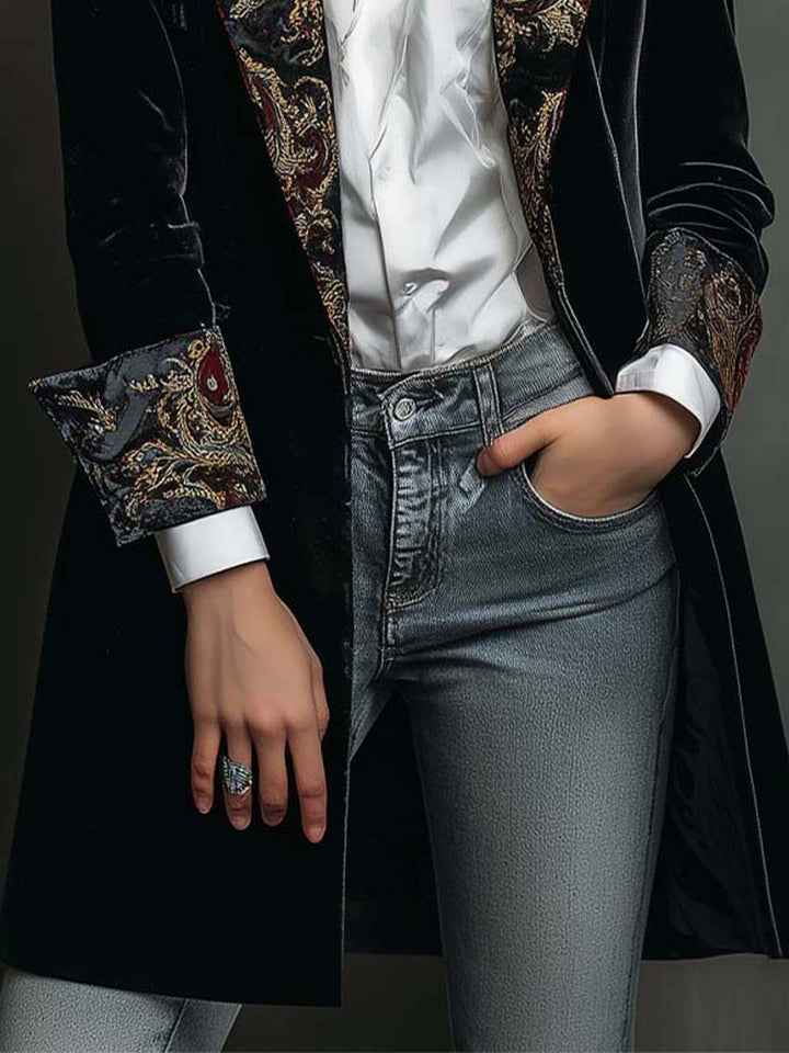 Isadora Melns Samta Blazers ar Baroka Drukātu Atloku - Mūžīga Vintage Luksusa